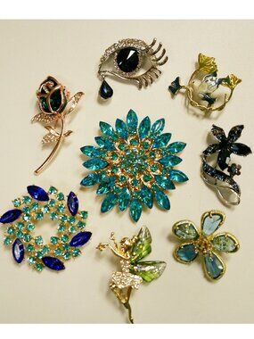 Brooch Lot of 8 - Shades of Blue - Rhinestones - Pin Lot
